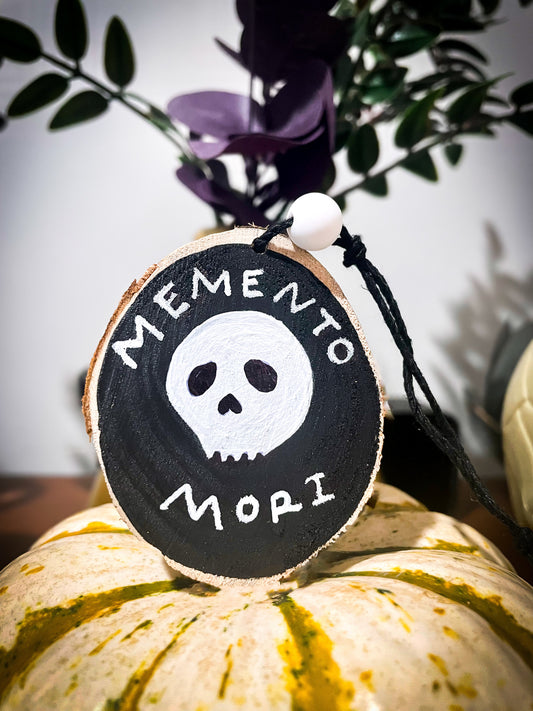 Memento Mori - Wood Slice Ornament - Catholic Halloween Decor - Skull